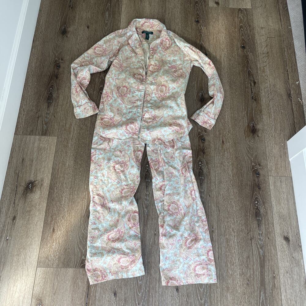 Lauren Ralph Lauren Women S Pajama Set Paisley Print Button Up Top Pants Flannel - Picture 2 of 16